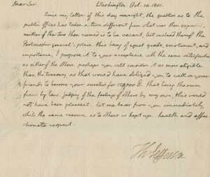 A facsimile of the original letter from Jefferson offering Granger the job