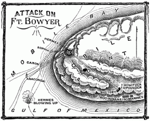 This shows the first battle of Fort Bowyer, with positions of the ships. The Anaconda shown is not correct: this ship was the Childers.