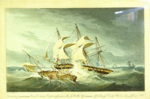 The HMS Hermes (large ship) is shown in battle with a French ship in 1811.