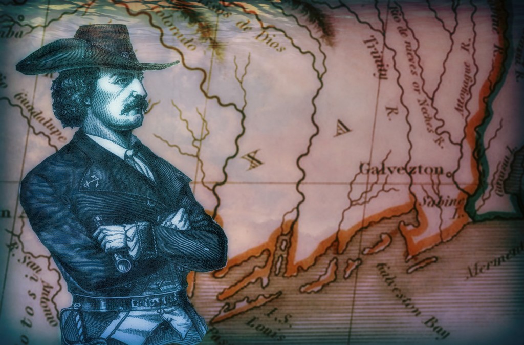 Jean Laffite in front of an early 1800s map of the Galveston area.